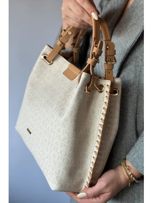 Just Polo Büyük Boy Örgü Işlemeli El Yapımı Salaş Kadın Omuz Çantası 2180 Krem 2