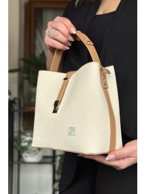 Just Polo Krem Renk Pamuk Dokuma Uzun Askılı 4 Bölmeli Kadın Çapraz Omuz ve El Çantası 22CM-20CM-9CM LB-4002