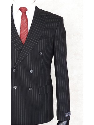 Jan Carlucci Slim Fit Sivri Yaka-Çift Yırtmaç  Siyah Çizgili Kruvaze Drop 6 Takım Elbise