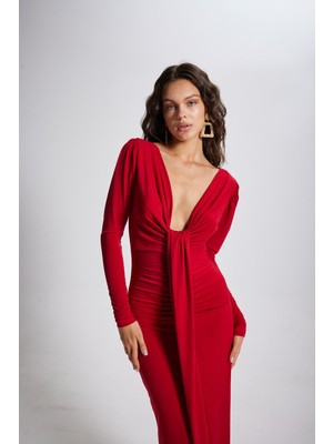 Holly Lolly V Yaka Karpuz Kol Maxi Elbise Kırmızı Bodycon Silüet Klasik Stil Özel Olay