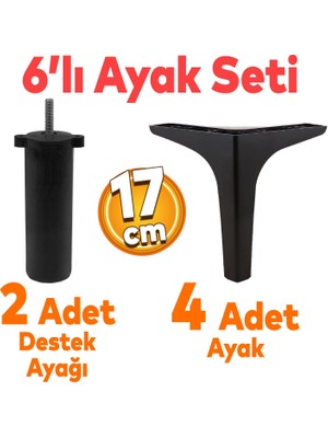Badem10 Sedef 6'lı Set Mobilya Tv Ünitesi Çekyat Koltuk Kanepe Destek Yükseltici Ayağı 17 cm Siyah Baza Ayakları M8 Destek