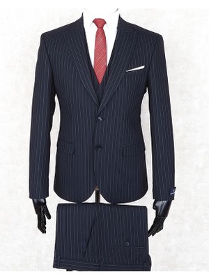 Jan Carlucci Slim Fit Sivri Yaka-Çift Yırtmaç  Lacivert Çizgili Drop 6 Yelekli Takım Elbise