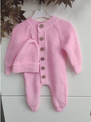 Meriç Bebe Şapkalı Düğmeli Selanik Örgü Triko Bebek Tulum