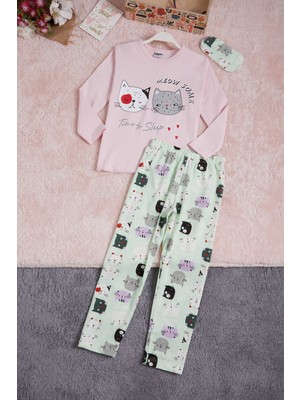 Pija Kids Pembe Meow Kedi Baskı Göz Bantlı Kız Çocuk Pijama Takımı 16340