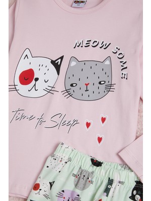 Pija Kids Pembe Meow Kedi Baskı Göz Bantlı Kız Çocuk Pijama Takımı 16340