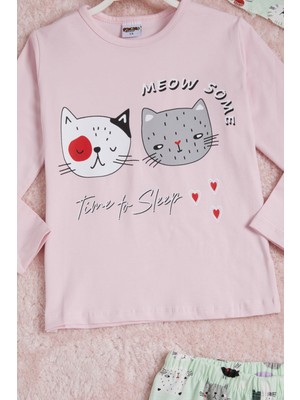 Pija Kids Pembe Meow Kedi Baskı Göz Bantlı Kız Çocuk Pijama Takımı 16340