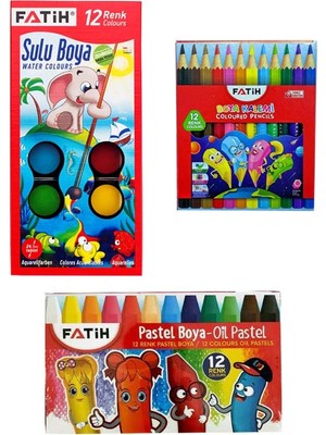 Fatih Kırtasiye Okul Seti 3 Parça Boya Malzemeleri Seti Fatih Kuru Boya Sulu Boya Pastel Boya