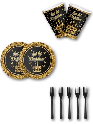 Parti Furyası Siyah Gold Tabak Bardak Set | Siyah Gold Parti Tabak Bardak Çatal Seti