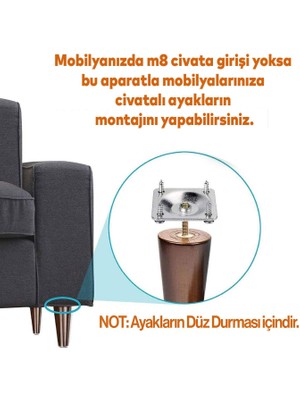 Badem10 Ahşap Ayak Masa Sehpa Tabure Puf Ünite Mobilya Ayağı M8 Civata 20 cm Ayak+Bağlantı Aparatı 8'li Set