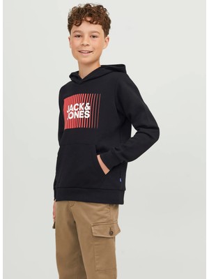 Jack & Jones Baskılı Erkek Çocuk Siyah Sweatshırt Jjecorp Logo Sweat Hood Play Noos J