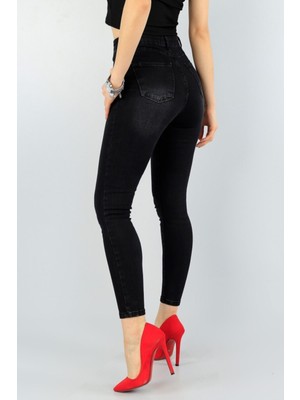 Trn JNS Bayan Yüksek Bel Skinny Jeans Füme Tırnaklı Taşlamalı