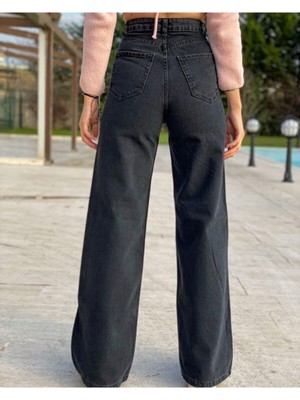 Trn JNS Tessa Gold Kadın 90's Siyah Likralı Süper Extra Yüksek Bel Palazzo Salaş Jean Pantolon