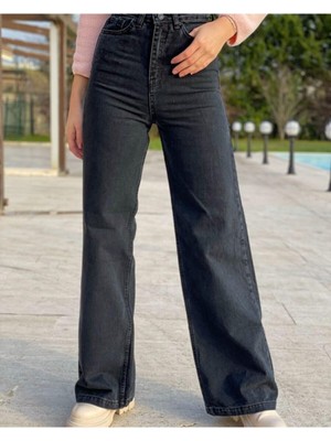 Trn JNS Tessa Gold 90's Siyah Likralı Süper Extra Yüksek Bel Palazzo Salaş Jean Pantolon Kadın