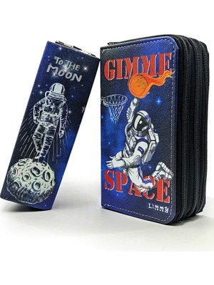 Limmy Kalem Kutusu Basketbolcu Astronot Space Desenli Organizer Kalemkutu Vegan Deri Üç Bölmeli Kalemlik - Siyah