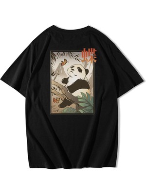 BRZ Collection Unisex Oversize Arka Baskılı Butterfly And Japanese Panda T-Shirt