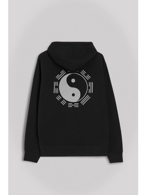 Kendim Seçtim Siyah ve Beyaz Ying Yang Pokemon Minimal Ön ve Arka Baskılı Sweatshirt Kapüşonlu Hoodie