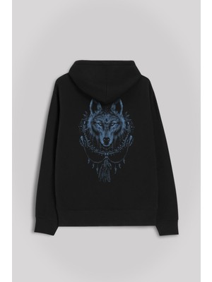 Kendim Seçtim Bozkurt Kurt Kafası Wolf Mavi Ön ve Arka Baskılı Sweatshirt Kapüşonlu Hoodie