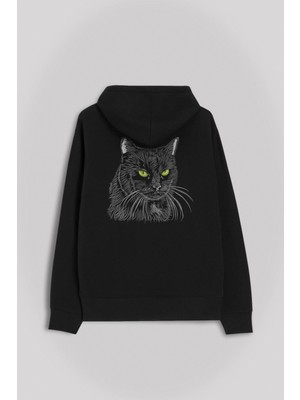 Kendim Seçtim Siyah Kedi Yeşil Gözlü Black Cat Silüet Çizim Ön ve Arka Baskılı Sweatshirt Kapüşonlu Hoodie