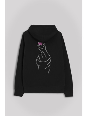 Kendim Seçtim Seni Seviyorum Kore El Işareti Minimal Ön ve Arka Baskılı Sweatshirt Kapüşonlu Hoodie