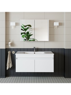 Banos Roomart 2 Kapaklı Lavabolu Beyaz Mdf 100 cm Banyo Dolabı + Aynalı Banyo Üst Dolabı