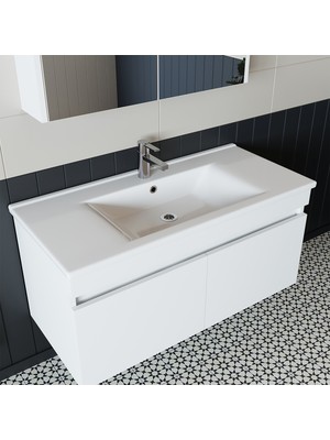 Banos Roomart 2 Kapaklı Lavabolu Beyaz Mdf 100 cm Banyo Dolabı + Aynalı Banyo Üst Dolabı