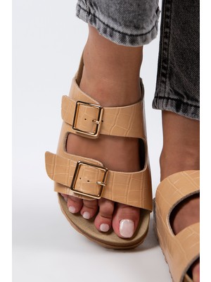 Manijero Croco Kadın Deri Çift Tokalı Crocodile Ekru Terlik