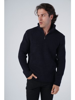 Trist Star Erkek Selanik Örgü Muline Dik Yaka Fermuarlı Triko Yün Kazak TRIST-5316
