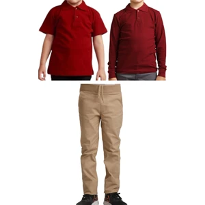 Unisex Çocuk Ribana Bel Keten Okul Pantolonu + Polo Yaka Kısa ve Uzun Kol T-Shirt