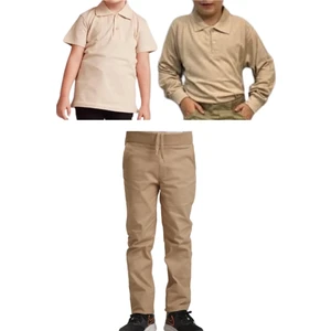 Unisex Çocuk Ribana Bel Keten Okul Pantolonu + Polo Yaka Kısa ve Uzun Kol T-Shirt