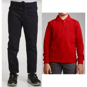 Unisex Çocuk Ribana Bel Keten Siyah Okul Pantolonu + Polo Yaka Uzun Kol T-Shirt