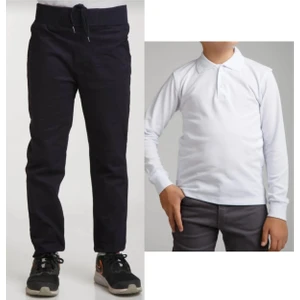 Unisex Çocuk Ribana Bel Keten Siyah Okul Pantolonu + Polo Yaka Uzun Kol T-Shirt