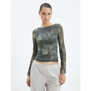 Transparan Bluz Astarlı Uzun Kollu Düz Yaka Baskılı