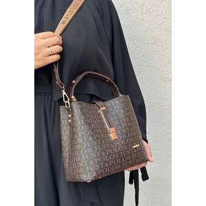 Just Polo Kahverengi Baskı Desenli Su Geçirmez 3 Gözlü Kadın Omuz Çantası 22X20CM PBU4002