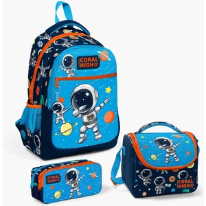 Lacivert Mavi Astronot Desenli 3’lü Okul Çanta Seti Ilköğretim Çantası, Beslenme ve Kalem Çantası