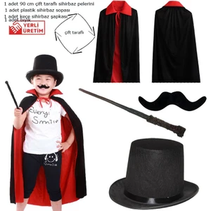 Kırmızı Siyah Renk 90 cm Çift Taraflı Sihirbaz Pelerini Asası Bıyığı ve Şapkası Seti 4 Parça 6-10 Yaş Hallow