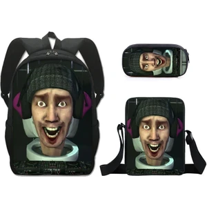Skibidi Tuvalet Tuvalet Baskı Ilkokul Öğrencileri Üç Parçalı Okul Çantası Büyük Kapasiteli Polyester Sırt Çantası (Yurt Dışından)