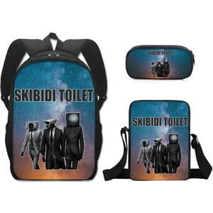 Skibidi Tuvalet Tuvalet Baskı Ilkokul Öğrencileri Üç Parçalı Okul Çantası Büyük Kapasiteli Polyester Sırt Çantası (Yurt Dışından)