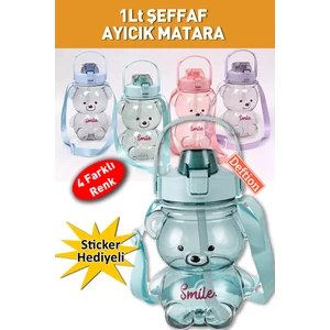 1000ml Şeffaf Yeşil Sevimli Ayıcık Matara Ayıcıklı Motivasyon Okul Motive Spor Için 2D ve 3D Sticker Hediyeli