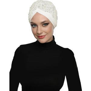 Fidan Bone Kopma Astarlı Işlemeli Krem Çiçek Dantel Motifli Hazır Türban Tesettür Abiye Bone