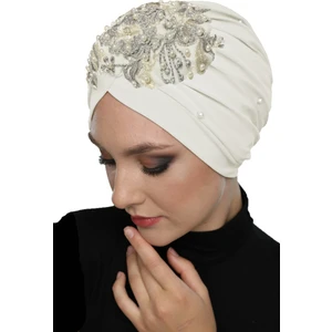 Fidan Bone Kopma Astarlı Işlemeli Krem - Gri Dantel Motifli Hazır Türban Tesettür Abiye Bone