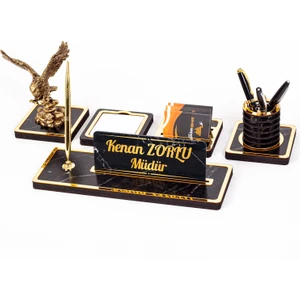 İsimlik Sepeti Mermer Desenli Kartal Biblolu Ahşap Masa Isimliği Ofis Isimlik
