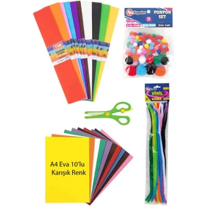 Anaokulu Kreş Etkinlik Seti A4 Eva Karışık Krapon Kağıdı Şönil Yaylı Makas Ponpon Okul Kırtasiye Set