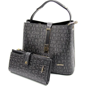 Just Polo Baskı Desenli Özel Seri Çanta Cüzdan Kombini 2055-GD  Siyah Kombin
