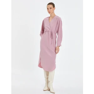 Midi Kruvaze Elbise Uzun Kollu Bağlama Detaylı