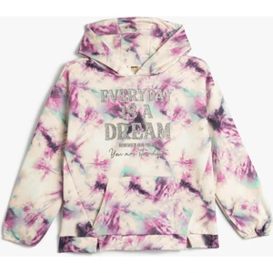 Kapşonlu Sweatshirt Batik Desenli Simli Baskı Detaylı Uzun Kollu