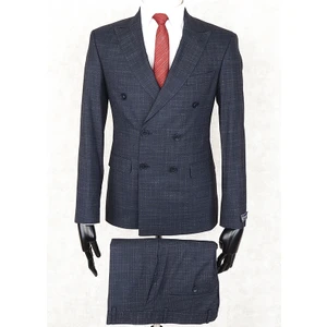 Jan Carlucci Slim Fit Sivri Yaka-Çift Yırtmaç  Lacivert Kareli Kruvaze Drop 6 Takım Elbise