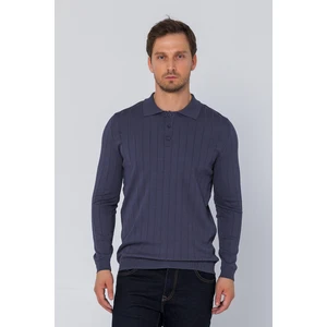 Erkek Regular Fit Düz Renk Polo Yaka Düğmeli Uzun Kollu Çizgili Triko Kazak