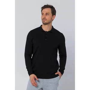 Erkek Regular Fit Düz Renk Polo Yaka Düğmeli Uzun Kollu Çizgili Triko Kazak