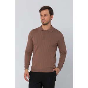 Erkek Regular Fit Düz Renk Polo Yaka Düğmeli Uzun Kollu Çizgili Triko Kazak