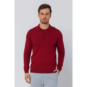 Erkek Regular Fit Düz Renk Polo Yaka Düğmeli Uzun Kollu Çizgili Triko Kazak